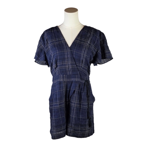 Greylin Navy Plaid Wrap Romper M Flutter Sleeve Tie Waist Chic Summer - Picture 3 of 10